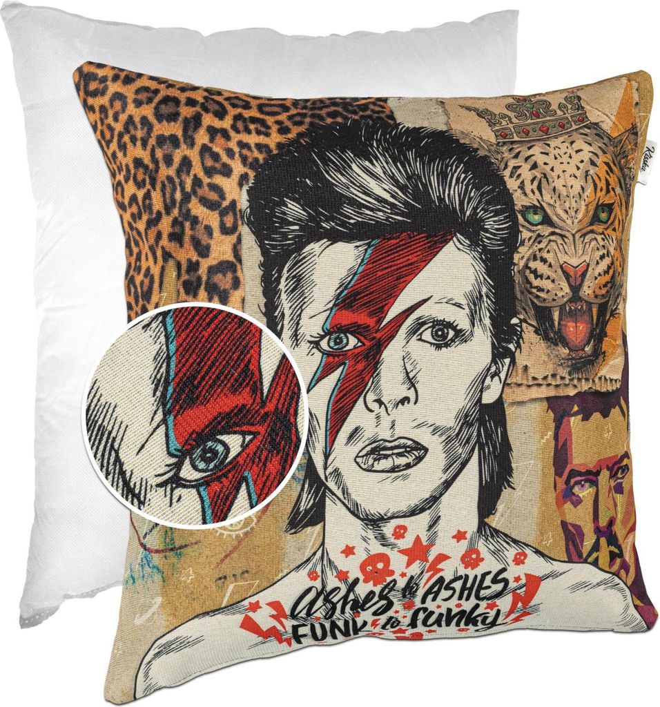 Dekokissen 40x40cm Kissenhülle mit Füllung Designer Kissenbezug mit Reißverschluss David Bowie Gobelin bunt