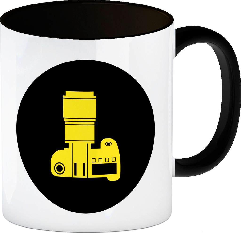 Fotografie Kaffeebecher in schwarz mit Kamera Motiv in Gelb