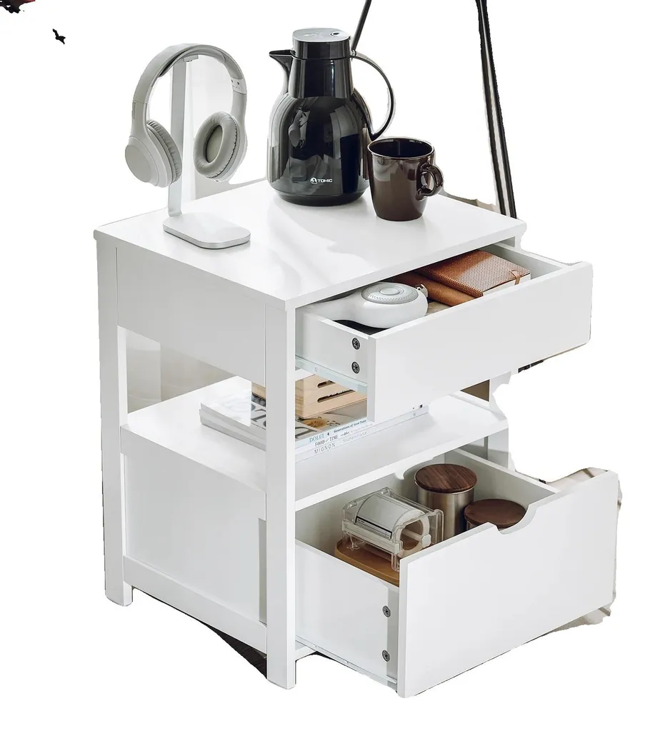 Table de chevet BLANC avec nombreux rangements au design moderne épuré