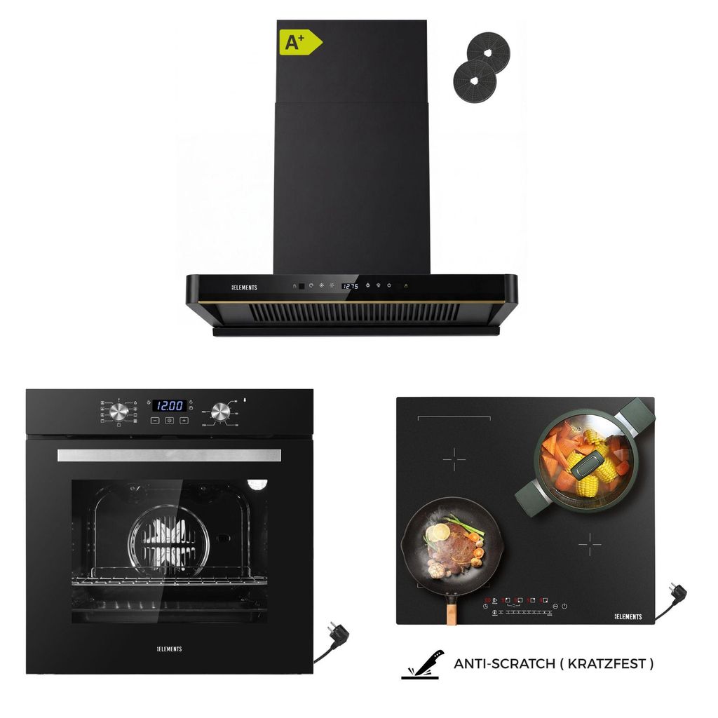 KB ELEMENTS Sparset, Einbauherd Set, Herdset, Induktionskochfeld 60cm, Einbaubackofen 60cm, Dunstabzugshaube 60cm, AQUA CLEAN, EV2/112/H60