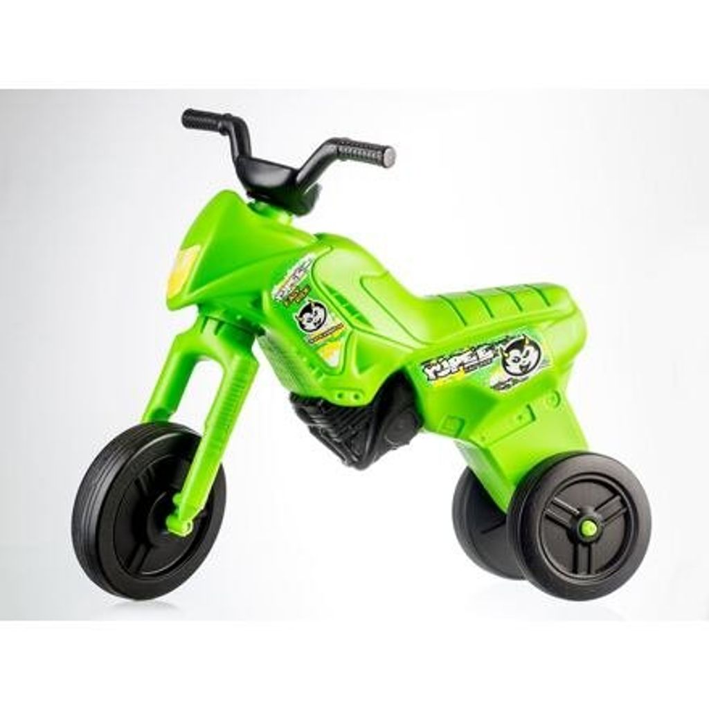 A green toy motorcycle is shown against a white background.