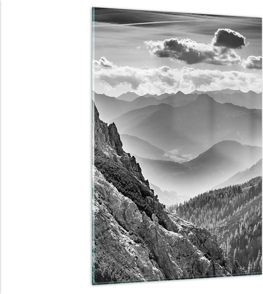 Bilder auf glas - Einteilig - Schwarzweiß Landschaft Berge - 80x120cm - Glasbilder - Wandbilder - Bilder - Wanddekoration aus Glas - Glas Bilder -...