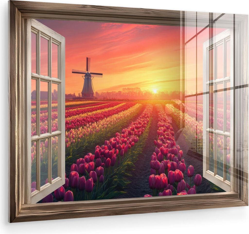 MuchoWow Glasbilder - Bilder auf Wandbild - Foto auf Glas Ausblick - Tulpen - Sonnenuntergang - Blumen - Bunt 40x30 cm Wanddekoration aus Glas - Ac...
