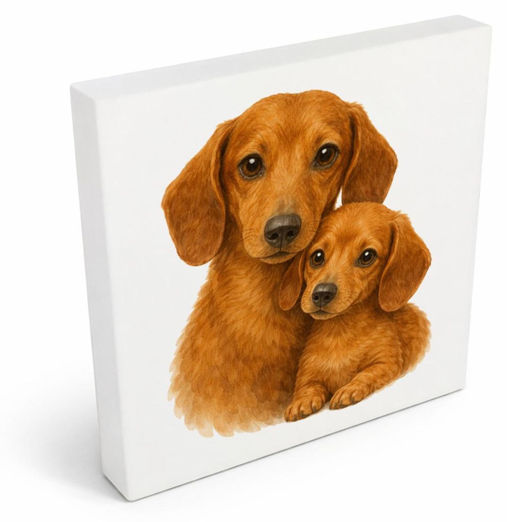 Dackelträume Dackel mit Welpe Holzbild in 10x10 cm zum Stellen oder Aufhängen