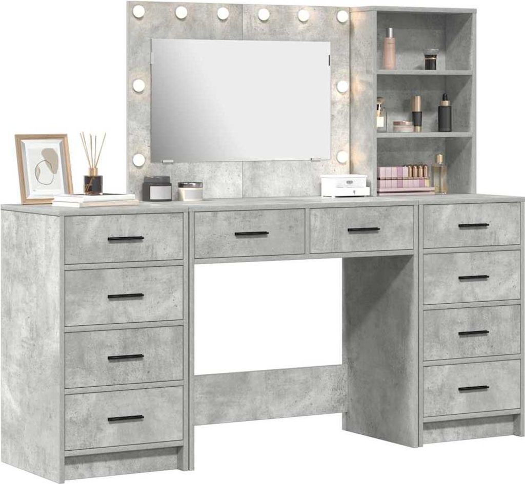 A vanity table with a mirror and lights, and shelves on the side, filled with makeup and skincare products.