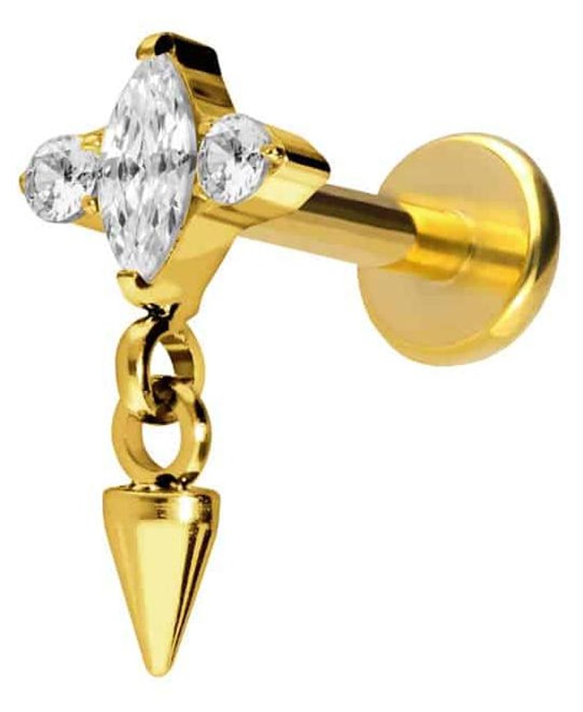 Ohrpiercing, Nasenpiercing Titan Labret mit Innengewinde EINGEFASSTE KRISTALLE + SPITZE Gold Stablänge: 7mm | Stabstärke: 1,6mm