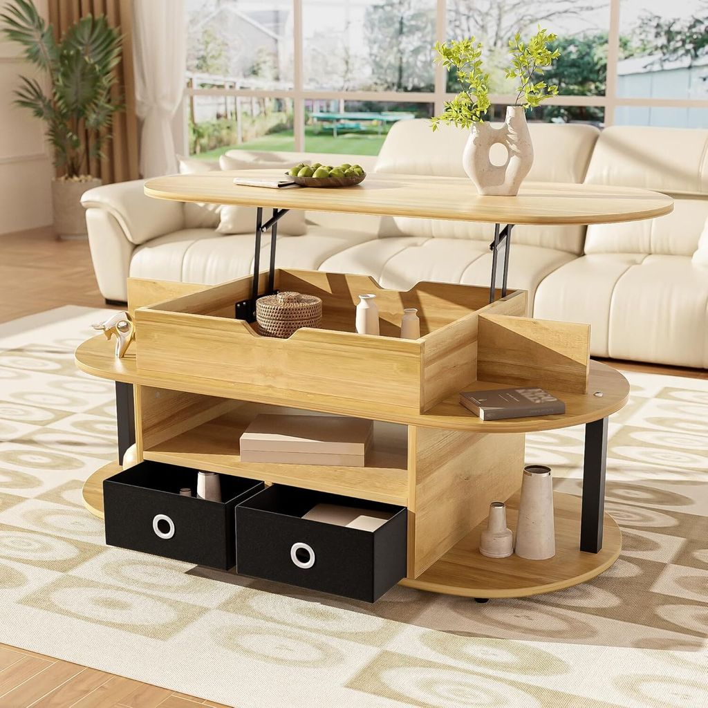 Couchtisch mit Hebefunktion, Moderner Wohnzimmertisch mit Holzmaserung, Stauraum und Stoffschubladen, für Wohnzimmer, Büro und Schlafzimmer, Holz...