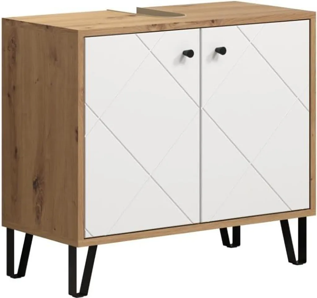 Rangement sous-lavabo compact pour petite salle de bain blanc et chêne