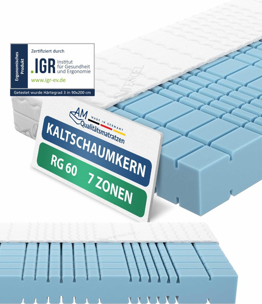 AM Qualitätsmatratzen | Premium 7-Zonen Kaltschaummatratze 180x200 cm | Weich (H2) | Orthopädische Matratze in RG60 | 19 cm Höhe | Germany | 180...