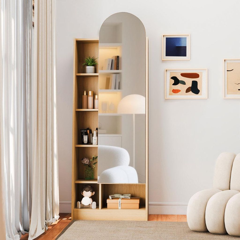 Schuhschrank Naturholzoptik 60x28x165 cm mit Spiegeltür & verstellbaren Ablagen, Garderoben- & Hochschrank mit Stauraum