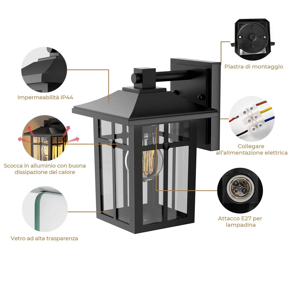 S'AFIELINA Lampada da Parete Esterno E27 Nera 2 Pezzi IP44 Design Moderno - 4