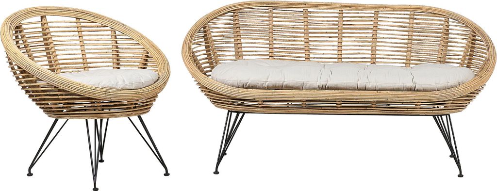 BELIANI Lounge Set Natürlich Rattan 2-Sitzer Gartensofa und Gartenstuhl mit Schwarzem Metallgestell Auflagen Hellbeige Stoff Boho Outdoor Indoor