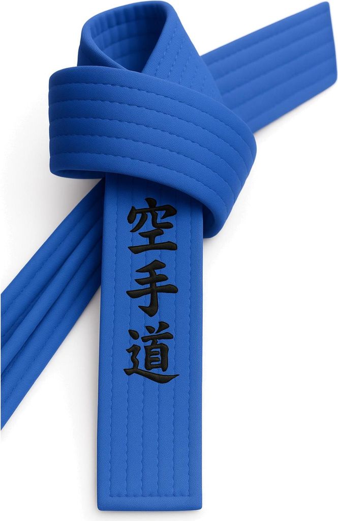 Karategürtel Blau bestickt - Karate Do Schriftzeichen japanisch - Blaugurt mit Kanji Bestickung - 220 cm Länge
