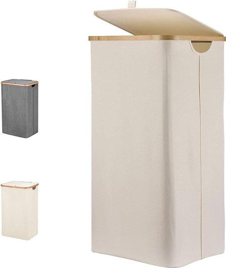 Graue 100l Wäschesammler mit Deckel und Ablage, zusammenklappbar, creme