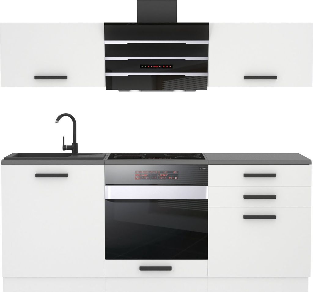 A modern kitchen unit with white cabinets, a black hood, and a black sink and faucet.