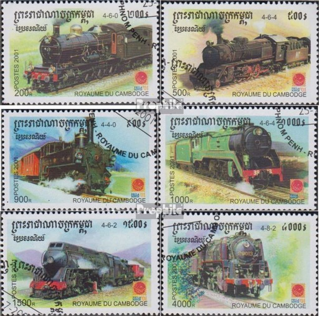 Briefmarken Kambodscha 2001 Mi 2211-2216 (kompl.Ausg.) gestempelt Dampflokomotiven