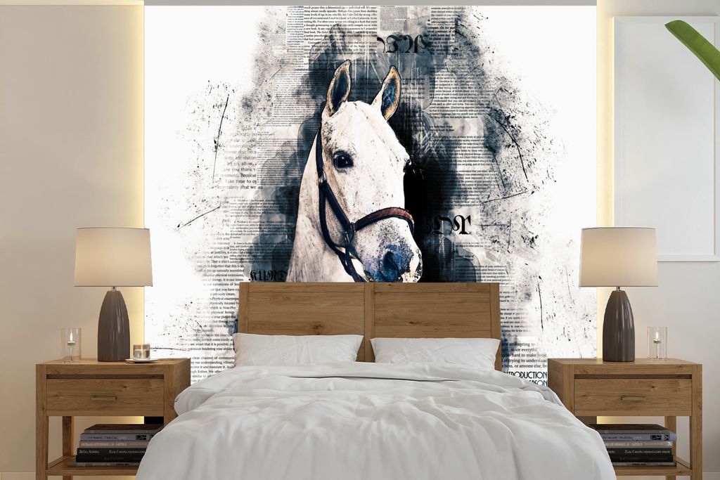 MuchoWow Fototapete für Wohnzimmer oder Schlafzimmer Wandtapete Vinyl Motivtapete Pferd - Zaumzeug - Zeitung - Mädchen - Kinder - Mädchen - 26...