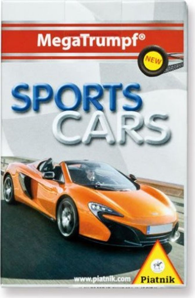 The image shows the packaging of a card game featuring sports cars.