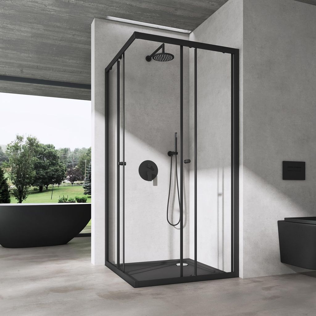 doporro Duschkabine mit Schiebetür Duschabtrennung Klarglas 75x100cm Eckeinstieg Eckdusche 6mm ESG Glas Höhe 190cm Ravenna16K plus schwarz