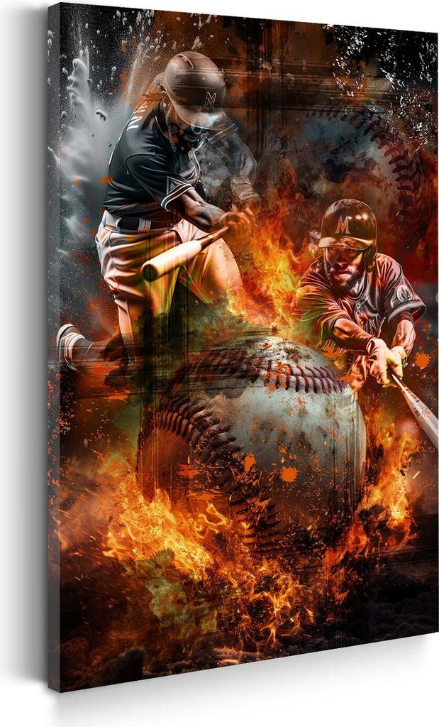 Baseballspieler Feuer & Energie Wandbild Leinwandbild Kunstdruck XL Wanddeko: 100x150x4cm