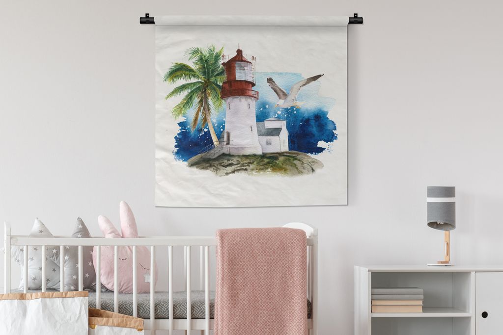 MuchoWow Wandteppich Wandbehang Leuchtturm - Vogel - Aquarell 90x90 cm Tapisserie Dekoration Wandtuch - Wandaufhänger