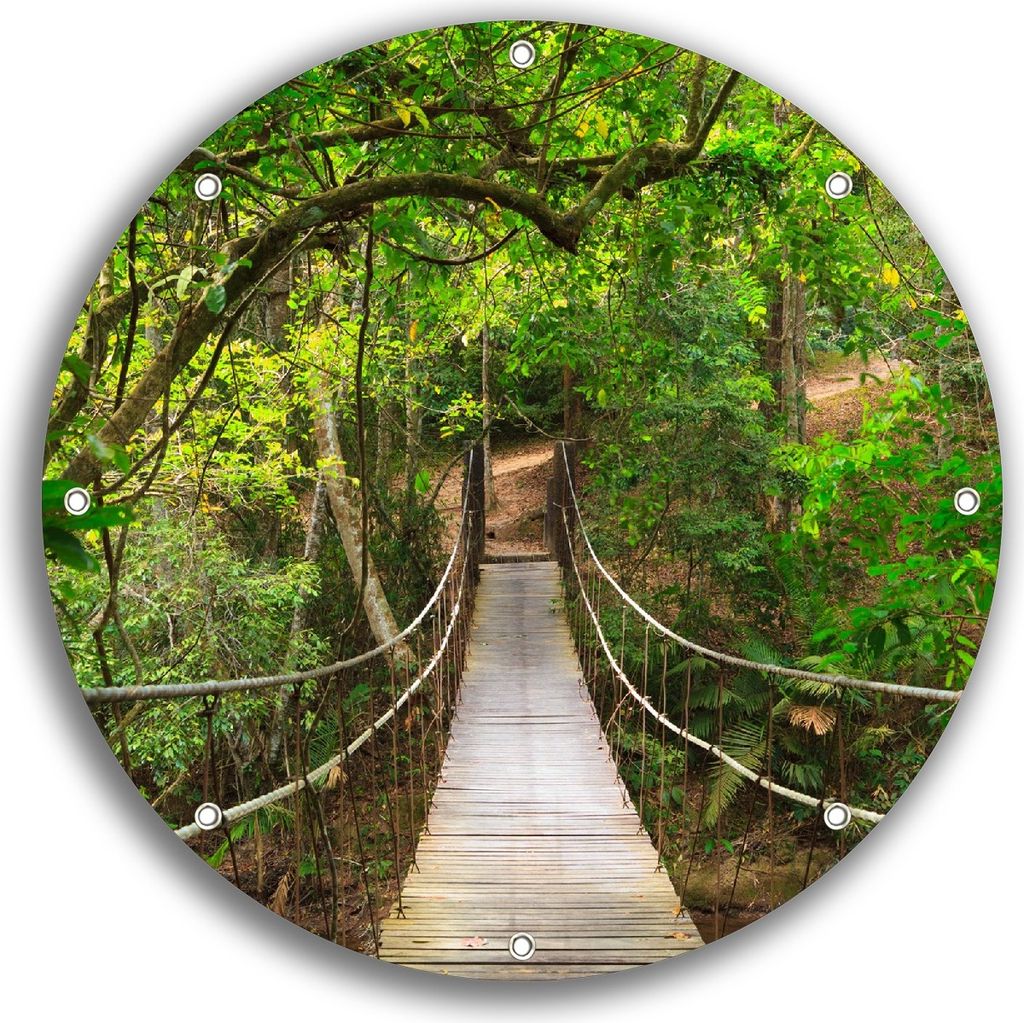 Wallario rundes Outdoor-Poster für Garten oder Balkon, Motiv Hängebrücke im Urwald grüner Dschungel, 30 cm Durchmesser