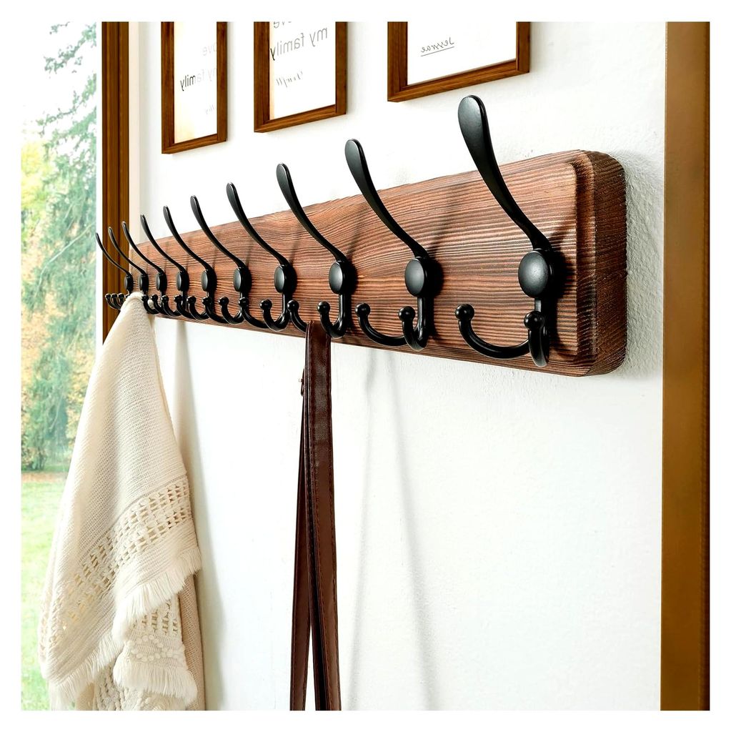 Garderobe, Garderobenleiste, 97cm Lang Robust Hakenleiste Holz mit 10 Dreifachhaken, Garderobenhaken Wand, Kleiderhaken für Mantel Kleidung Hut Ja...