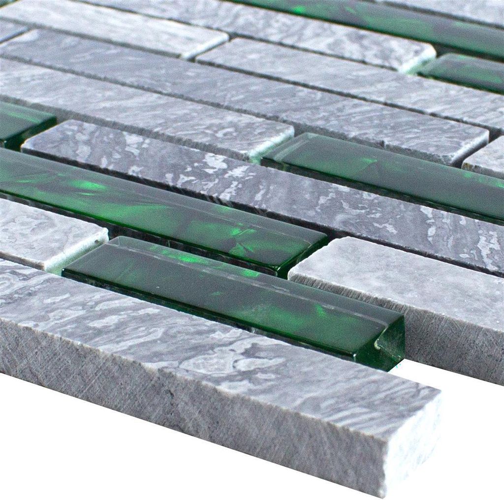 Glas Naturstein Mosaik Fliesen Sinop Grau Grün Brick