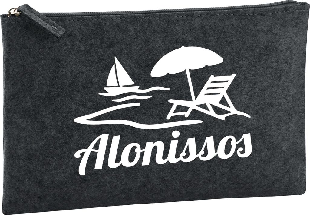 Huuraa Kulturbeutel Alonissos Inselmotiv Griechenland 1 Liter Charcoal Filz Kosmetiktasche Geschenkidee