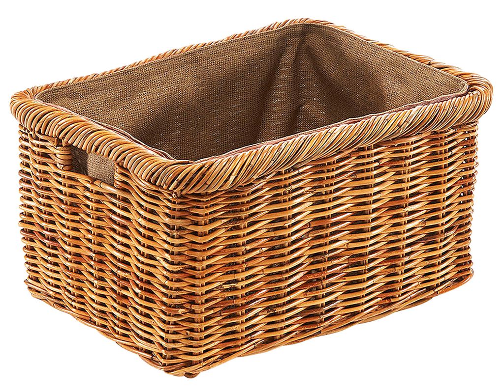 A wicker basket with a fabric lining, presented against a white background.
