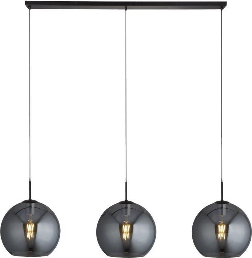 Hängelampe Rauchglas Metall E27 H: max. 241 cm Schwarz Rauchgrau 3-flammig Kugel Schirm Retro Design