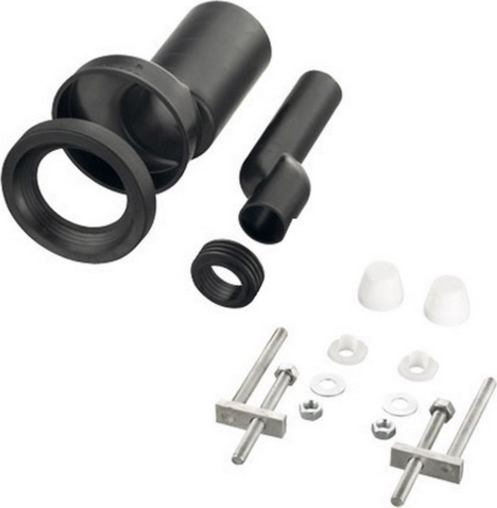 A set of plumbing parts for a toilet drain connection, including a flange, a pipe connector, and mounting hardware, laid out on a white background.