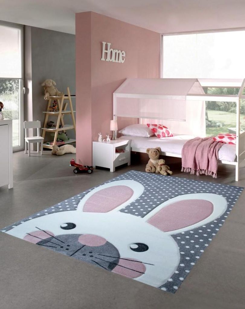 Kinderteppich Spielteppich Teppich Kinderzimmer Babyteppich Hase in Creme Grau Rosa Größe - 120 cm Rund