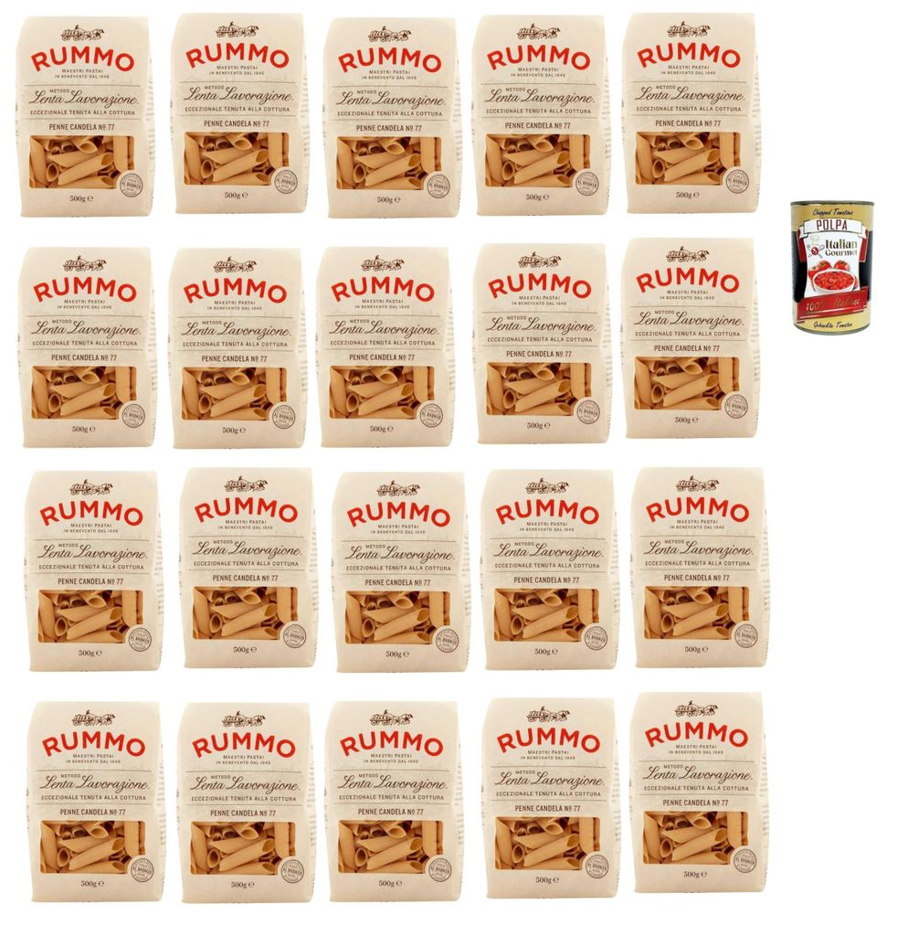 Rummo Penne Candela n° 77 Pasta Lenta Lavorazione Teigwaren aus Hartweizengrieß Bronze-Zeichnung 20x 500g + Italian Gourmet polpa 400g