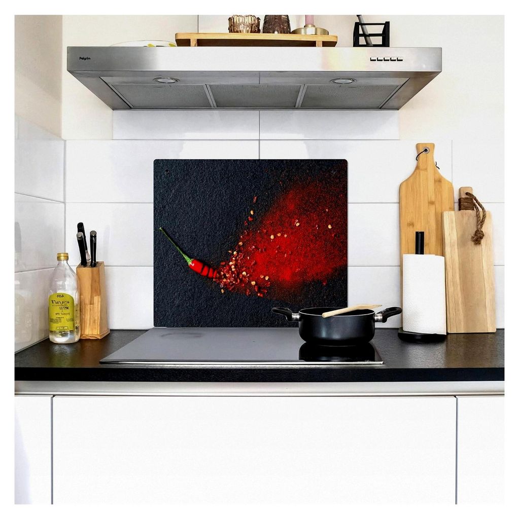 Spritzschutz Küchenrückwand Vinyl 60x52 cm Wanddeko für die Küche, Glaskeramikkochfeld-Abdeckung Pfeffer - Kräuter - Beton - Rot - Grau