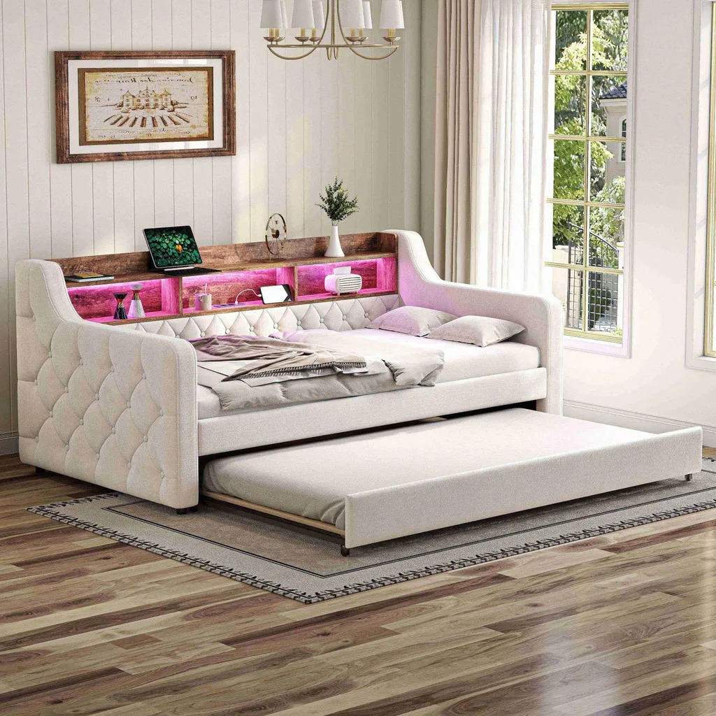 Canapé-lit 90x190 cm avec lit gigogne et port USB-C en velours beige