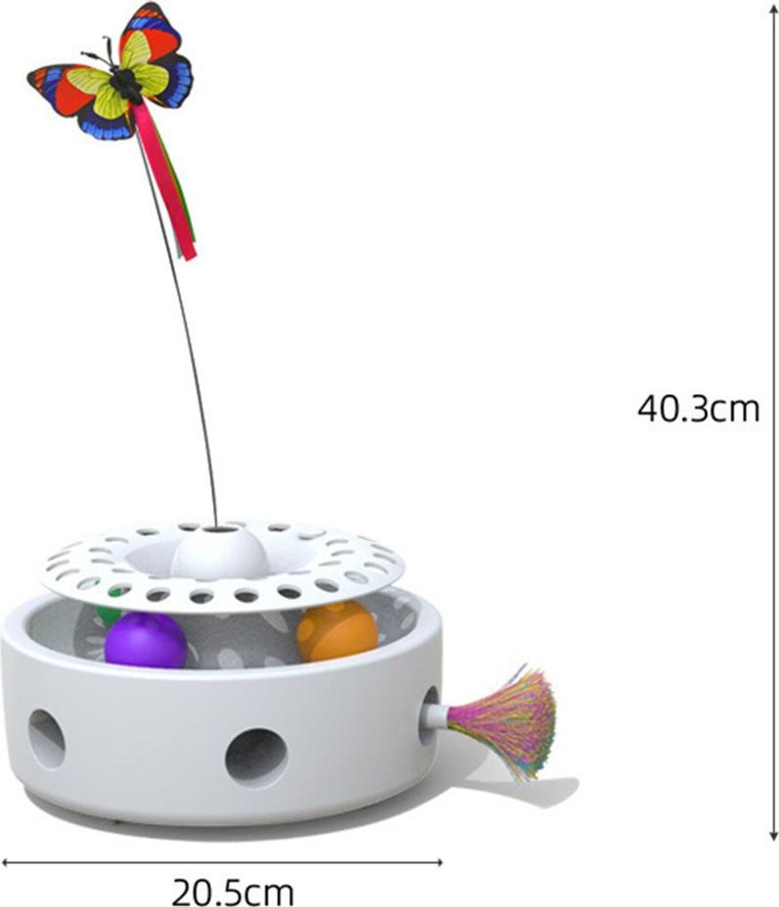 3-in-1 interaktives elektrisches Katzenspielzeug – Federspielzeug, Schmetterlingsspielzeug und Kugelbahn, Duale Stromversorgung (USB und Batterien)