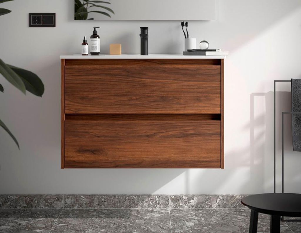 Noja Unterschrank 900 2 Schubladen + Waschbecken Nussbaum Produktbild 