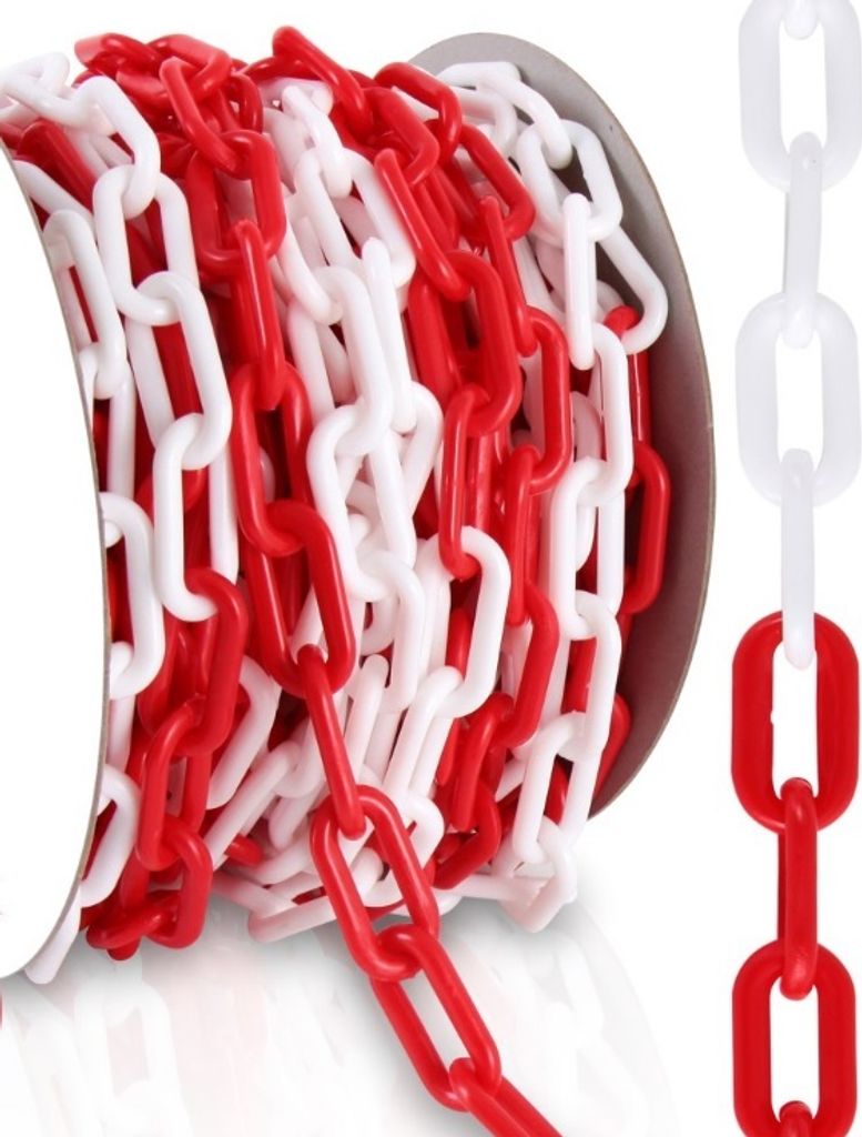 25m Bund Absperrkette [Rot/Weiß] - Plastikkette | Kunststoffkette im Beutel | 6mm Gliederkette | Warnkette Sicherungskette | UV-beständig & frost...
