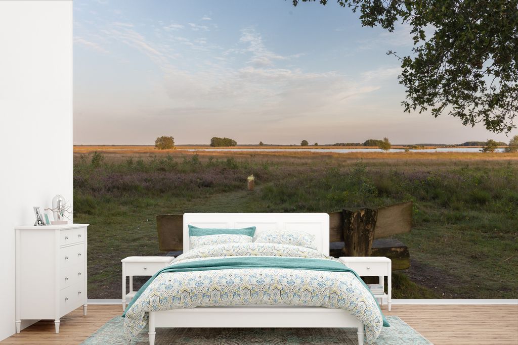 MuchoWow Fototapete für Wohnzimmer oder Schlafzimmer Wandtapete Vinyl Motivtapete Eine Bank mit Blick auf den Nationalpark Dwingelderveld in Dre...