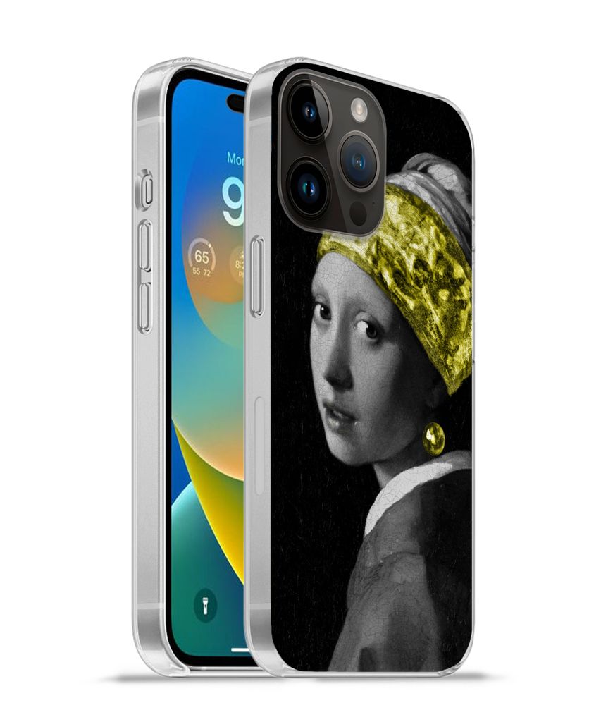 MuchoWow Handyhülle Schutzhülle Hülle für Apple iPhone 14 Pro Max Mädchen mit einem Perlenohrring - Schwarz - Gold Silikon Softcase Handy H...