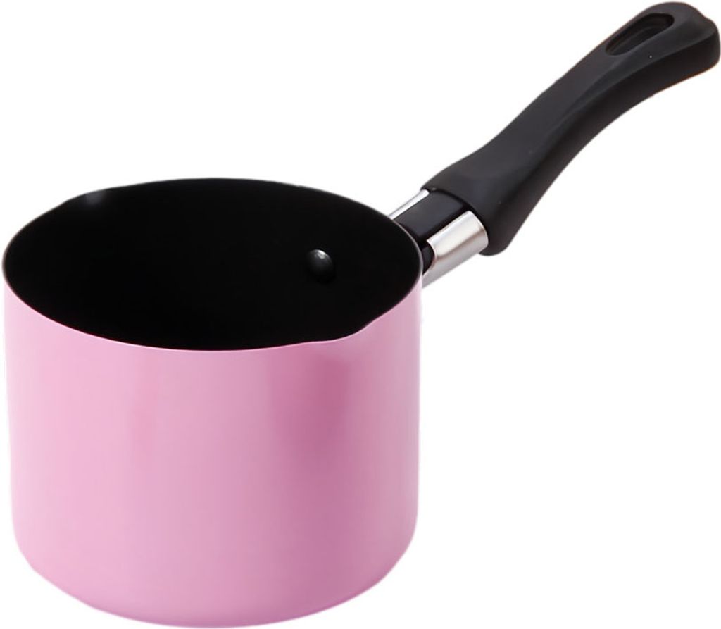 A pink saucepan with a black handle is shown against a white background.
