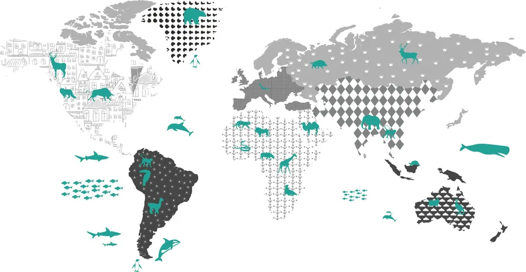 Autocollant mural carte du monde avec animaux 120x70 cm XXL déco