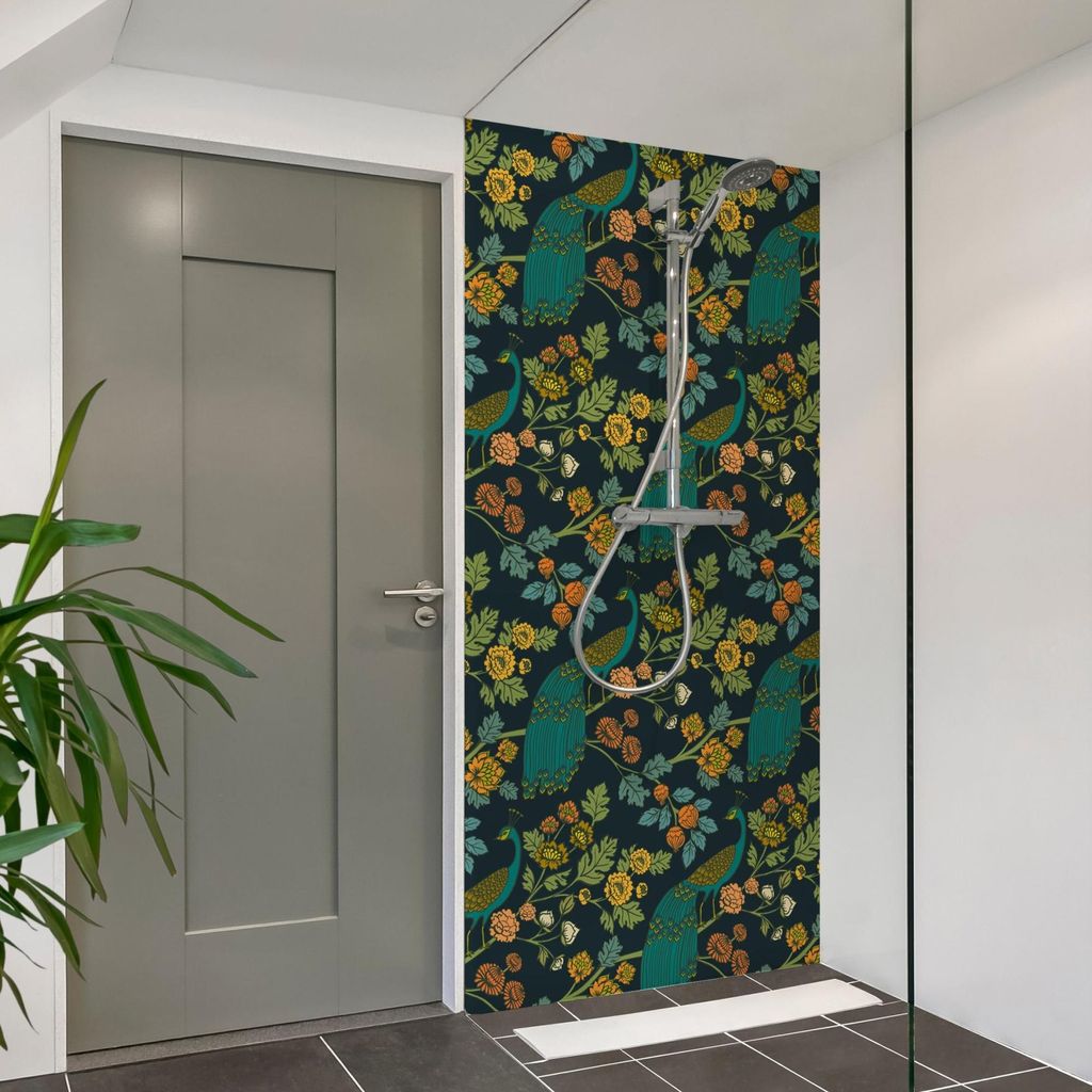 Duschrückwand Blumen selbstklebend - 0.61 mm Wandpaneel wasserfest Vogel beige Illustration Badrückwand fugenlos Premium matt 90x210 cm