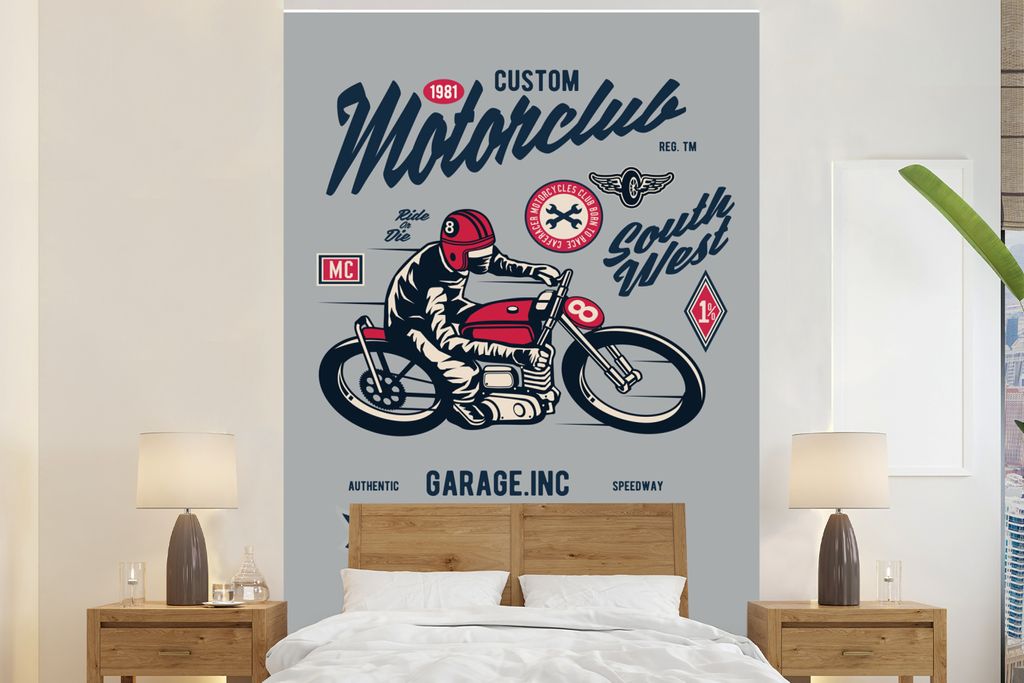 MuchoWow Fototapete für Wohnzimmer oder Schlafzimmer Wandtapete Vinyl Motivtapete Motorrad - Kleidung - Retro - 155x240 cm - Tapete