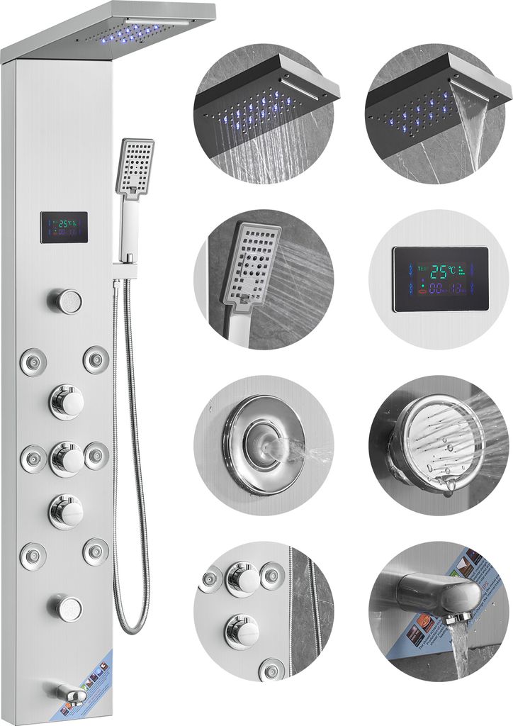 A collage of images showcasing a modern stainless steel shower panel system with various features.