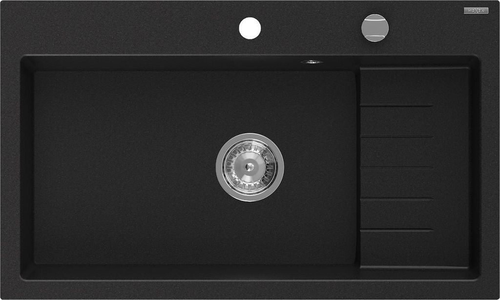 A top-down view of a black kitchen sink with a drain and faucet holes.