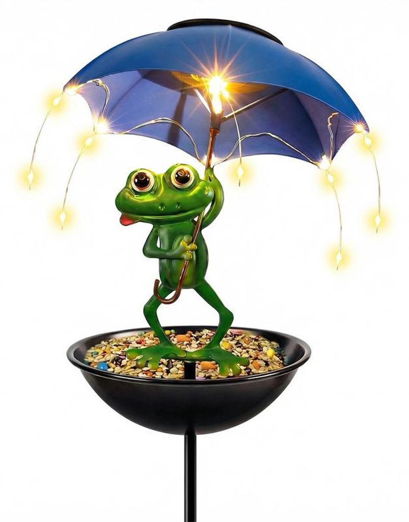 Solar Vogelfutterhaus Frosch mit Regenschirm – 93 cm hoch, Produktbild 