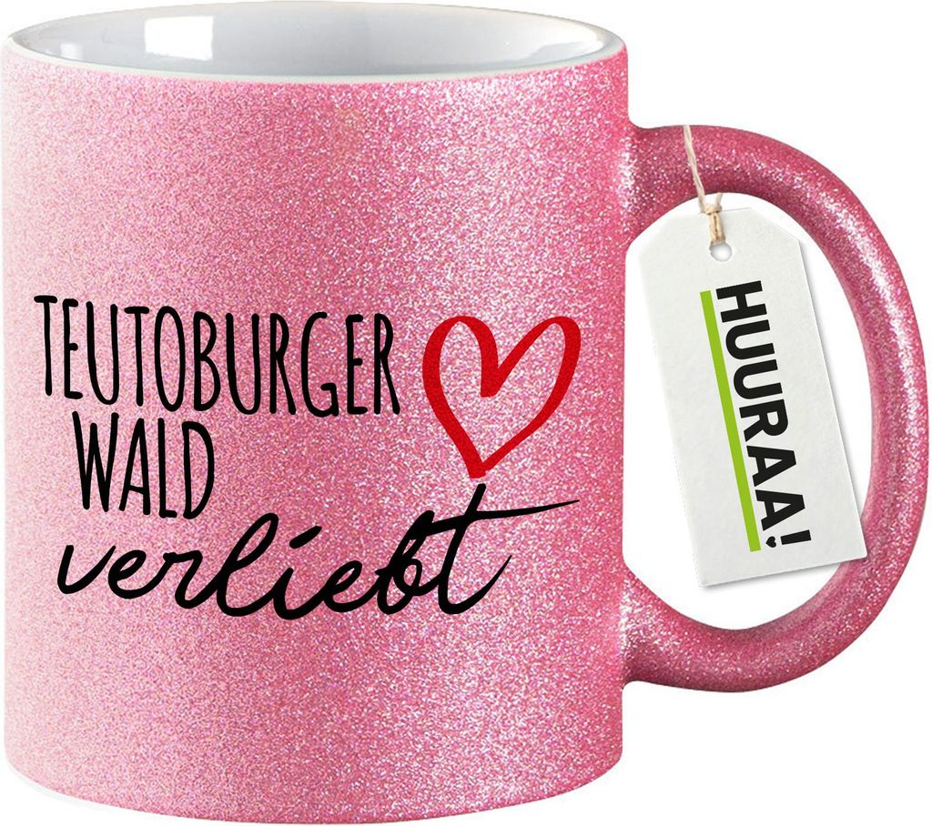 Huuraa Glitzertasse Teutoburger Wald verliebt 330ml Pink Keramik Kaffeebecher Geschenkidee