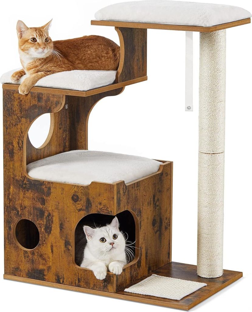 FEANDREA Kratzbaum 86 cm, mittelgroßer Katzenkratzbaum mit 3 Liegeflächen und Höhle, Kratzbaum aus MDF mit Holzfurnier, Sisalstamm,